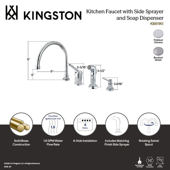 Kingston Tulare KB818K8 - Wyndham Single-Handle 4-Hole Widespread Kitchen Faucet with Side Sprayer and Soap Dispenser, Brushed Nickel