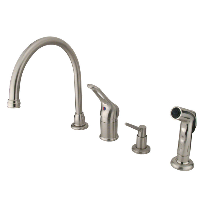 Kingston Tulare KB818K8 - Wyndham Single-Handle 4-Hole Widespread Kitchen Faucet with Side Sprayer and Soap Dispenser, Brushed Nickel
