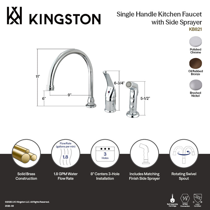 Chatham KB821 Single-Handle 3-Hole Widespread Kitchen Faucet with Side Sprayer, Polished Chrome