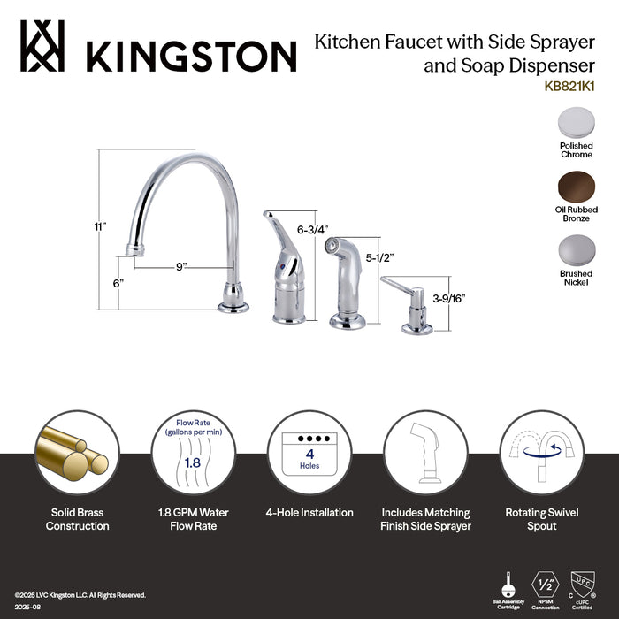 Chatham KB821K1 Single-Handle 4-Hole Widespread Kitchen Faucet with Side Sprayer and Soap Dispenser, Polished Chrome