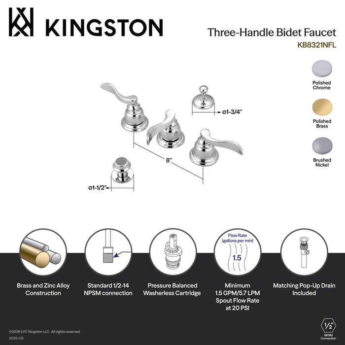 Kingston Tulare KB8321NFL - NuWave French Three-Handle Deck Mount Bidet Faucet with Brass Pop-Up, Polished Chrome
