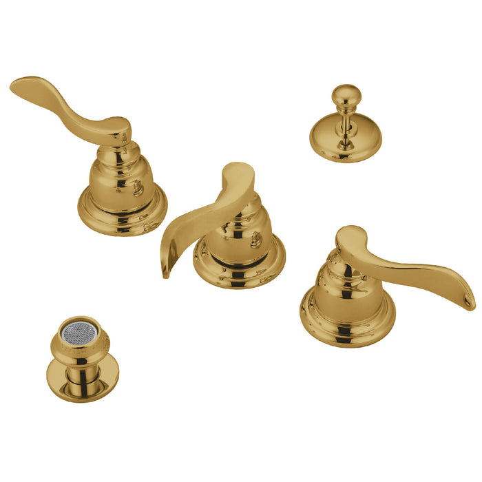 Kingston Tulare KB8322NFL - NuWave French Three-Handle Deck Mount Bidet Faucet with Brass Pop-Up, Polished Brass