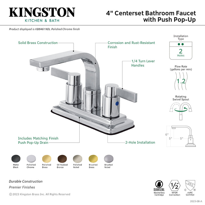 NuvoFusion KB8461NDL Two-Handle 2-Hole Deck Mount 4" Centerset Bathroom Faucet with Push Pop-Up, Polished Chrome