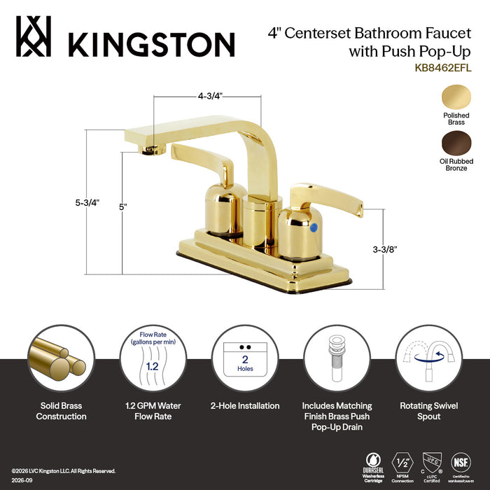 Kingston Sona KB8462EFL - Centurion Double-Handle 3-Hole Deck Mount 4-Inch Centerset Bathroom Faucet with Push-Up Pop-Up, Polished Brass