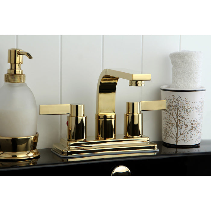 NuvoFusion KB8462NDL Two-Handle 2-Hole Deck Mount 4" Centerset Bathroom Faucet with Push Pop-Up, Polished Brass