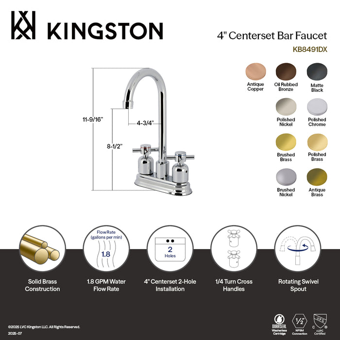 Kingston Tulare KB8491DX - Concord Two-Handle 2-Hole Deck Mount Bar Faucet, Polished Chrome