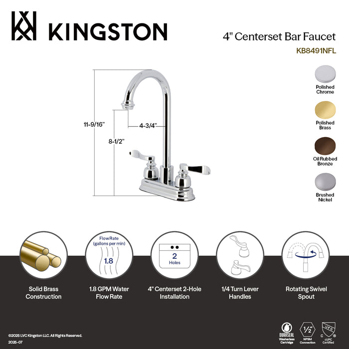 Kingston Tulare KB8491NFL - NuWave French Two-Handle 2-Hole Deck Mount Bar Faucet, Polished Chrome