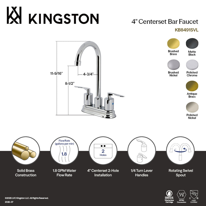 Kingston Tulare KB8498SVL - Serena Two-Handle 2-Hole Deck Mount Bar Faucet, Brushed Nickel