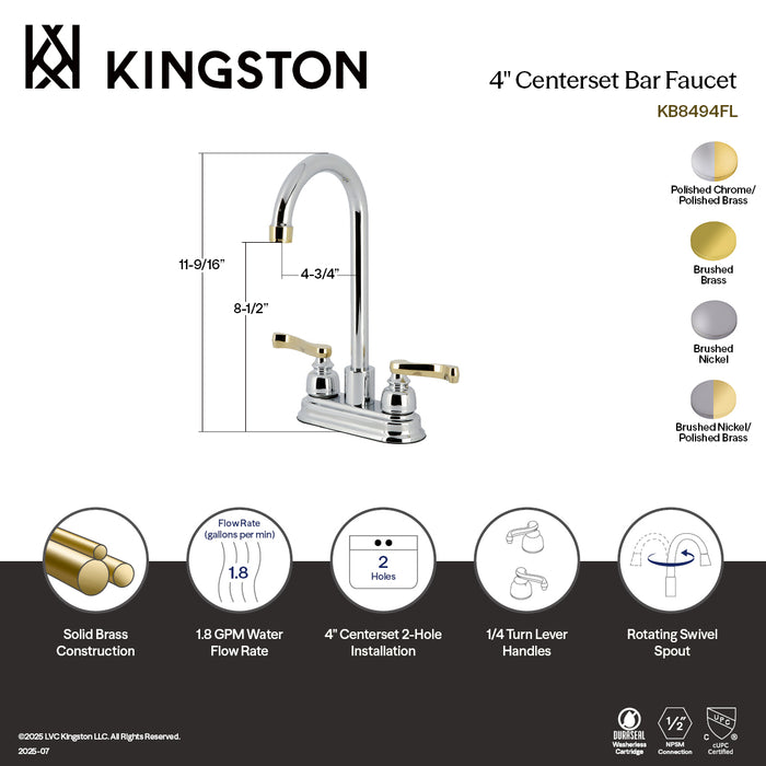Kingston Tulare KB8499FL - Royale Two-Handle 2-Hole Deck Mount Bar Faucet, Brushed Nickel/Polished Brass