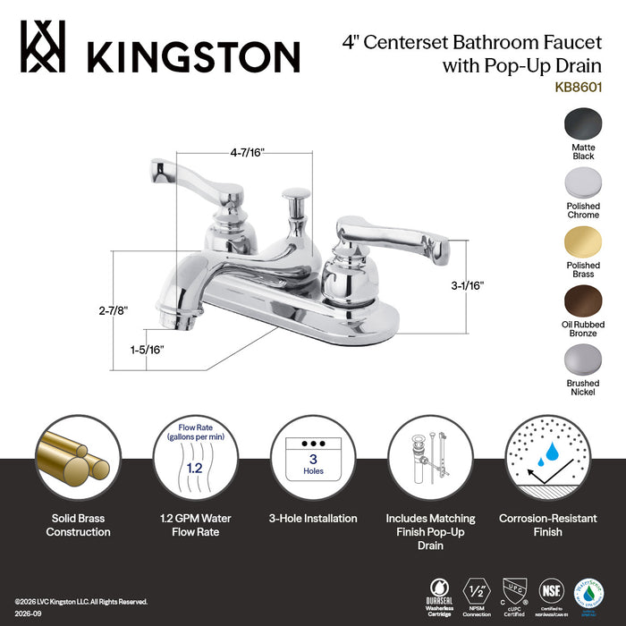 Kingston Tulare KB8600 - Royale Double-Handle 3-Hole Deck Mount 4-Inch Centerset Bathroom Faucet with Pop-Up Drain, Matte Black