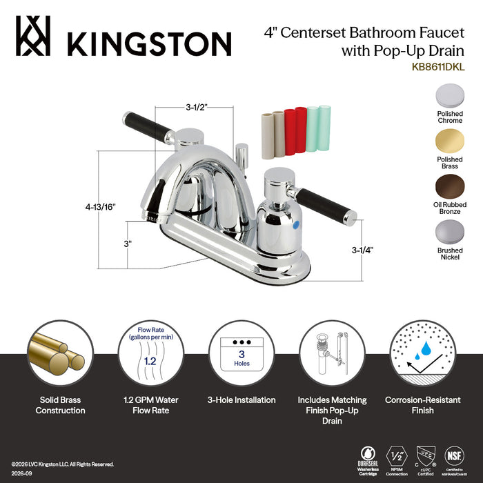 Kingston Tulare KB8611DKL - Kaiser Double-Handle 3-Hole Deck Mount 4-Inch Centerset Bathroom Faucet with Pop-Up Drain, Polished Chrome