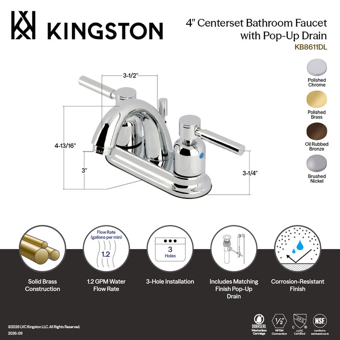 Kingston Tulare KB8611DL - Concord Double-Handle 3-Hole Deck Mount 4-Inch Centerset Bathroom Faucet with Pop-Up Drain, Polished Chrome
