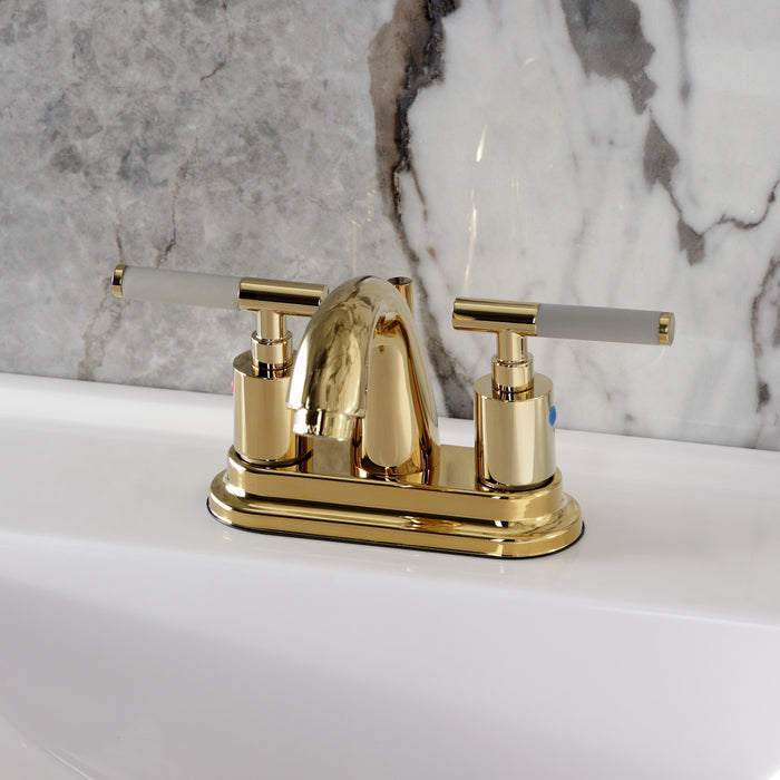Kingston Tulare KB8612CKL - Kaiser Double-Handle 3-Hole Deck Mount 4-Inch Centerset Bathroom Faucet with Pop-Up Drain, Polished Brass