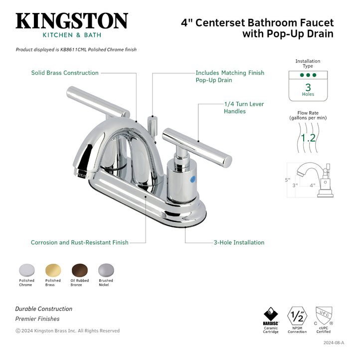 Kingston Tulare KB8612CML - Manhattan Double-Handle 3-Hole Deck Mount 4-Inch Centerset Bathroom Faucet with Pop-Up Drain, Polished Brass