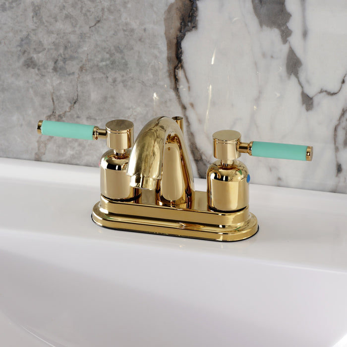 Kingston Tulare KB8612DKL - Kaiser Double-Handle 3-Hole Deck Mount 4-Inch Centerset Bathroom Faucet with Pop-Up Drain, Polished Brass