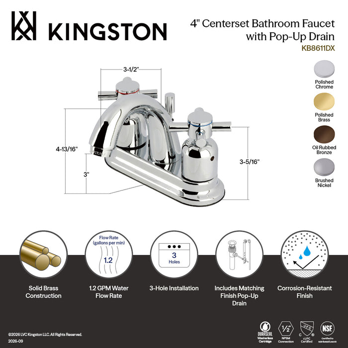 Kingston Tulare KB8612DX - Concord Double-Handle 3-Hole Deck Mount 4-Inch Centerset Bathroom Faucet with Pop-Up Drain, Polished Brass