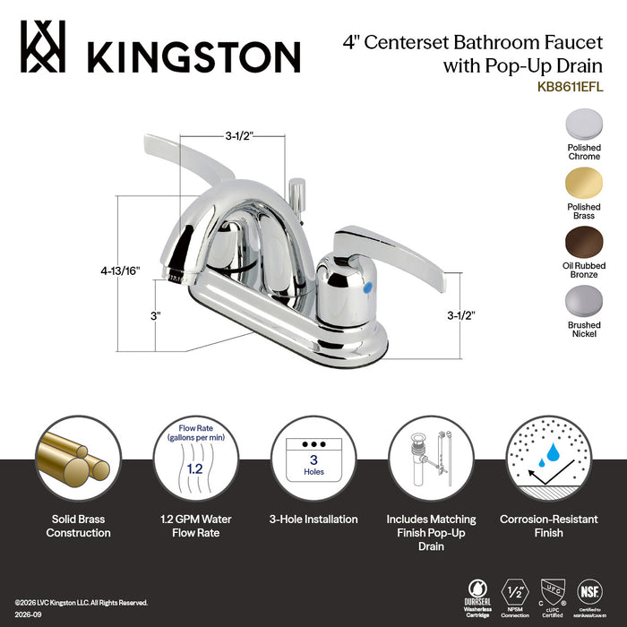 Kingston Tulare KB8612EFL - Centurion Double-Handle 3-Hole Deck Mount 4-Inch Centerset Bathroom Faucet with Pop-Up Drain, Polished Brass