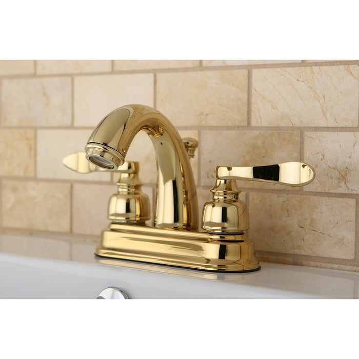 Kingston Tulare KB8612NFL - NuWave French Double-Handle 3-Hole Deck Mount 4-Inch Centerset Bathroom Faucet with Pop-Up Drain, Polished Brass