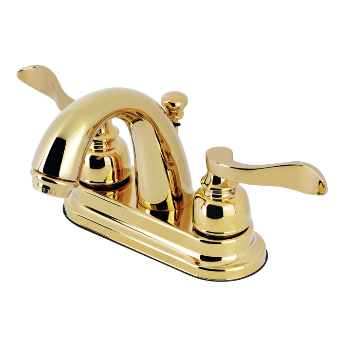 NuWave French KB8612NFL Two-Handle 3-Hole Deck Mount 4" Centerset Bathroom Faucet with Plastic Pop-Up, Polished Brass