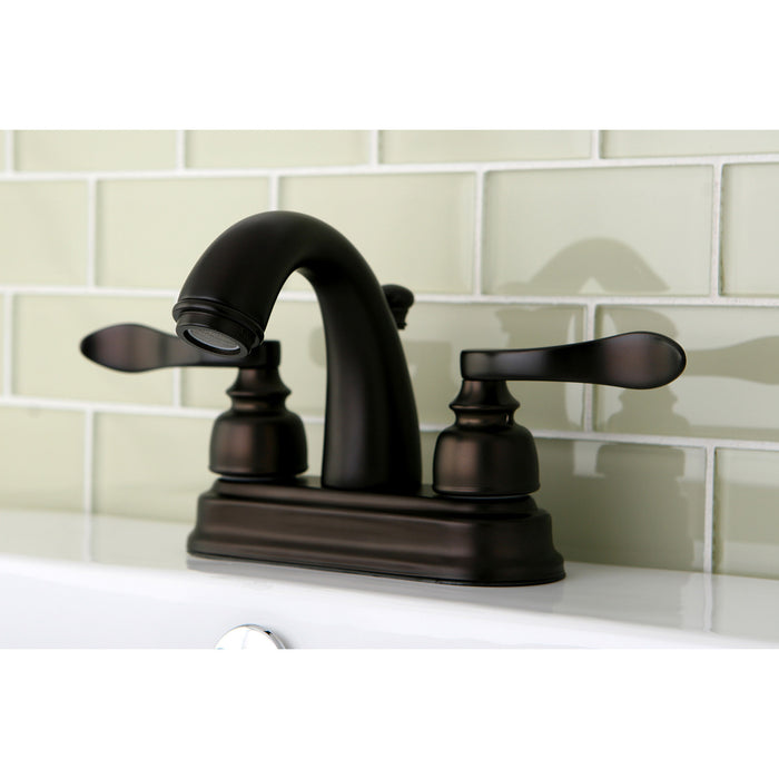 NuWave French KB8615NFL Two-Handle 3-Hole Deck Mount 4" Centerset Bathroom Faucet with Plastic Pop-Up, Oil Rubbed Bronze