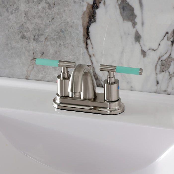 Kingston Tulare KB8618CKL - Kaiser Double-Handle 3-Hole Deck Mount 4-Inch Centerset Bathroom Faucet with Pop-Up Drain, Brushed Nickel