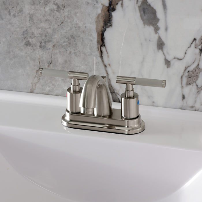 Kingston Tulare KB8618CKL - Kaiser Double-Handle 3-Hole Deck Mount 4-Inch Centerset Bathroom Faucet with Pop-Up Drain, Brushed Nickel