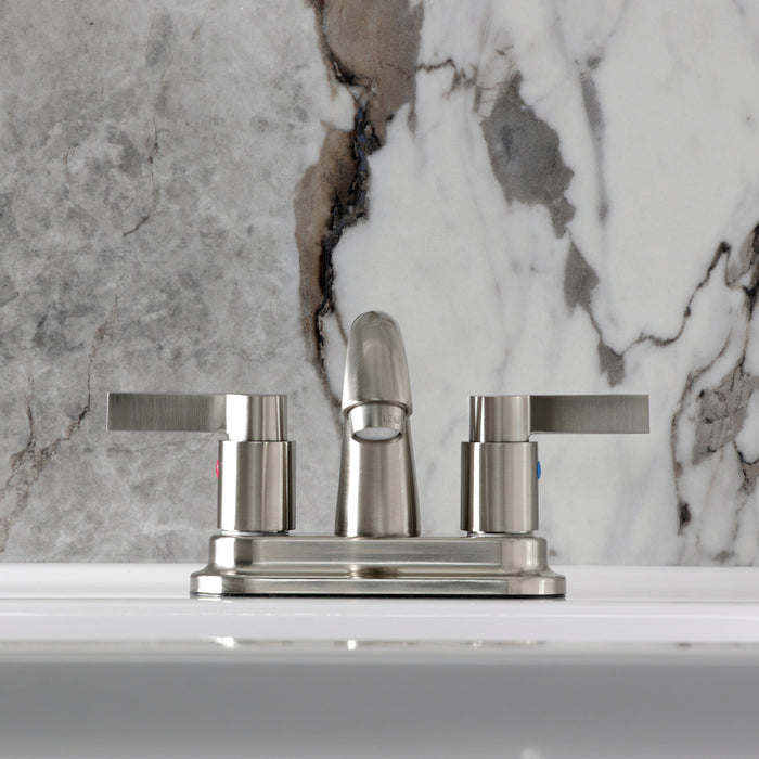 Kingston Tulare KB8618NDL - NuvoFusion Double-Handle 3-Hole Deck Mount 4-Inch Centerset Bathroom Faucet with Pop-Up Drain, Brushed Nickel