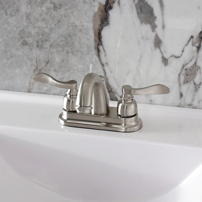 Kingston Tulare KB8618NFL - NuWave French Double-Handle 3-Hole Deck Mount 4-Inch Centerset Bathroom Faucet with Pop-Up Drain, Brushed Nickel