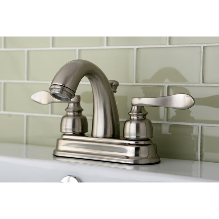 NuWave French KB8618NFL Two-Handle 3-Hole Deck Mount 4" Centerset Bathroom Faucet with Plastic Pop-Up, Brushed Nickel
