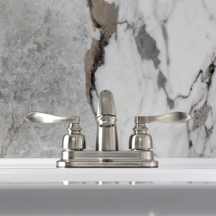 Kingston Tulare KB8618NFL - NuWave French Double-Handle 3-Hole Deck Mount 4-Inch Centerset Bathroom Faucet with Pop-Up Drain, Brushed Nickel