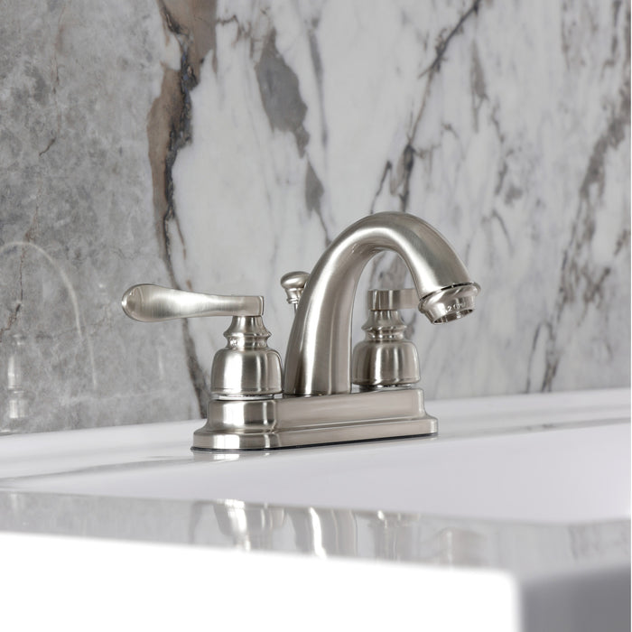 Kingston Tulare KB8618NFL - NuWave French Double-Handle 3-Hole Deck Mount 4-Inch Centerset Bathroom Faucet with Pop-Up Drain, Brushed Nickel