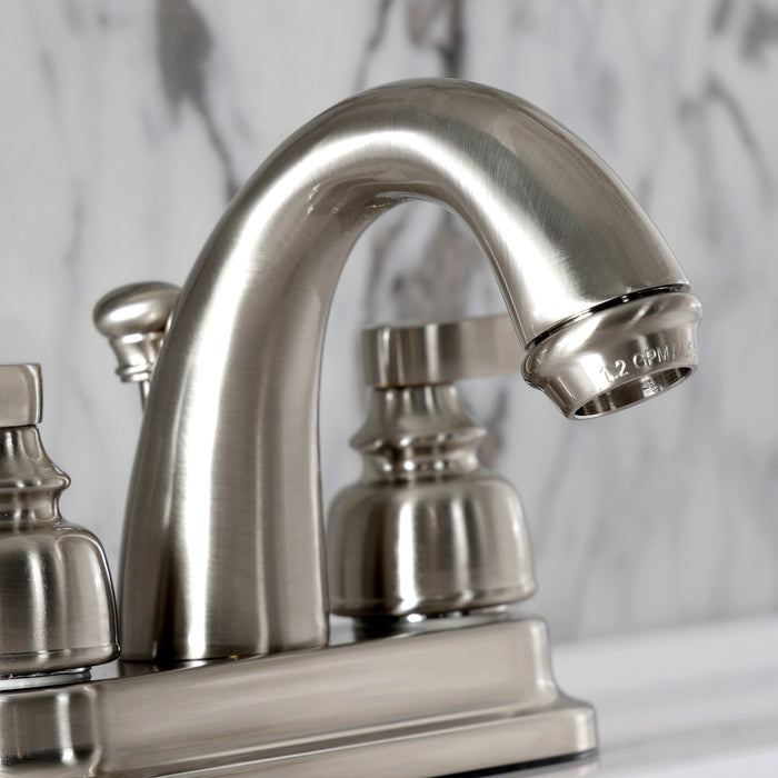 Kingston Tulare KB8618NFL - NuWave French Double-Handle 3-Hole Deck Mount 4-Inch Centerset Bathroom Faucet with Pop-Up Drain, Brushed Nickel