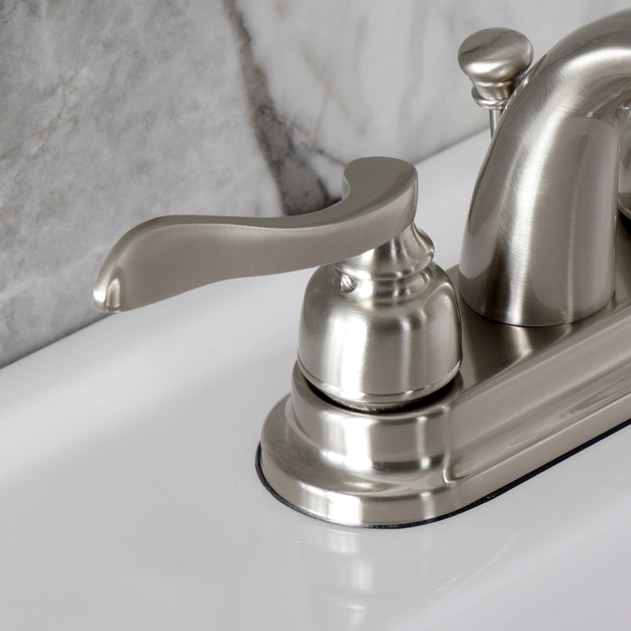 Kingston Tulare KB8618NFL - NuWave French Double-Handle 3-Hole Deck Mount 4-Inch Centerset Bathroom Faucet with Pop-Up Drain, Brushed Nickel
