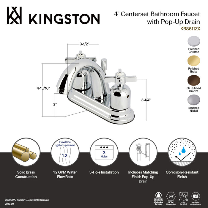 Kingston Tulare KB8618ZX - Millennium Double-Handle 3-Hole Deck Mount 4-Inch Centerset Bathroom Faucet with Pop-Up Drain, Brushed Nickel
