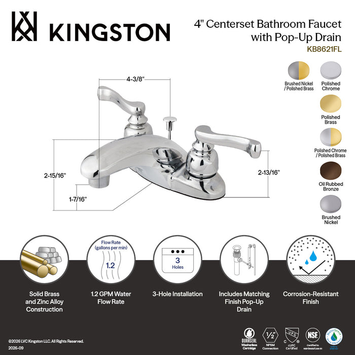 Kingston Tulare KB8621FL - Royale Double-Handle 3-Hole Deck Mount 4-Inch Centerset Bathroom Faucet with Pop-Up Drain, Polished Chrome