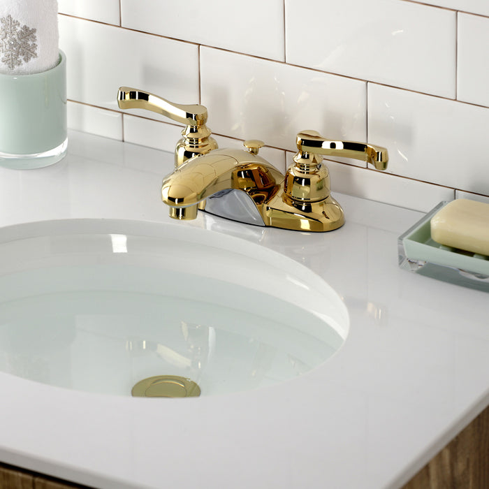 Kingston Tulare KB8622FL - Royale Double-Handle 3-Hole Deck Mount 4-Inch Centerset Bathroom Faucet with Pop-Up Drain, Polished Brass