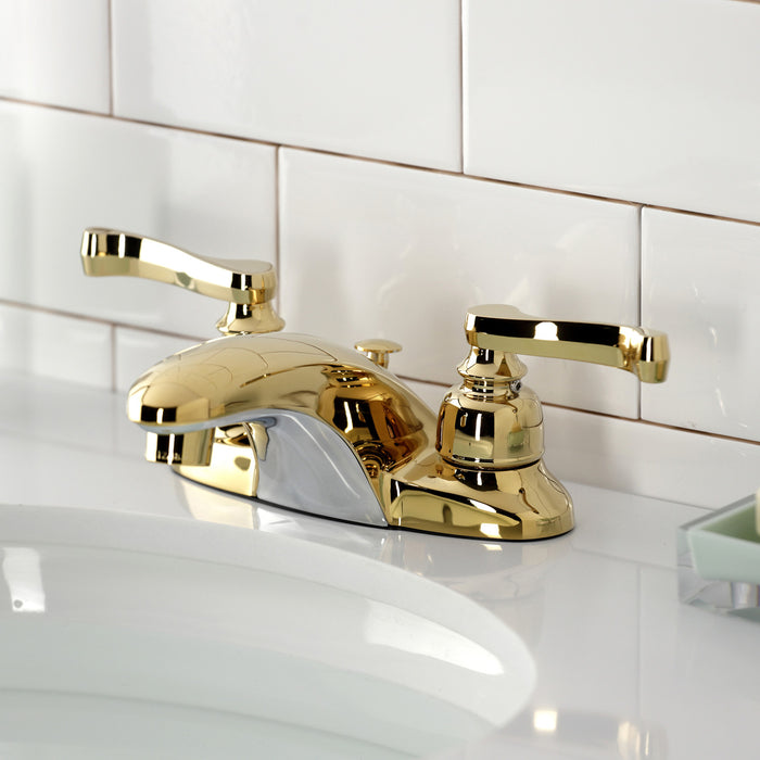 Kingston Tulare KB8622FL - Royale Double-Handle 3-Hole Deck Mount 4-Inch Centerset Bathroom Faucet with Pop-Up Drain, Polished Brass