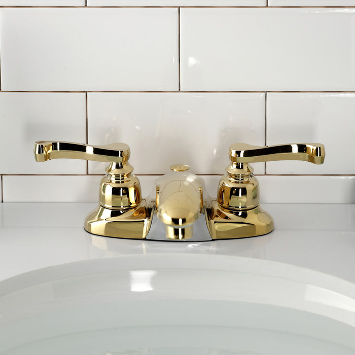 Kingston Tulare KB8622FL - Royale Double-Handle 3-Hole Deck Mount 4-Inch Centerset Bathroom Faucet with Pop-Up Drain, Polished Brass