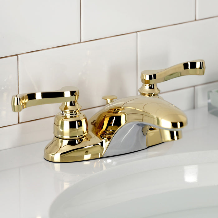Kingston Tulare KB8622FL - Royale Double-Handle 3-Hole Deck Mount 4-Inch Centerset Bathroom Faucet with Pop-Up Drain, Polished Brass