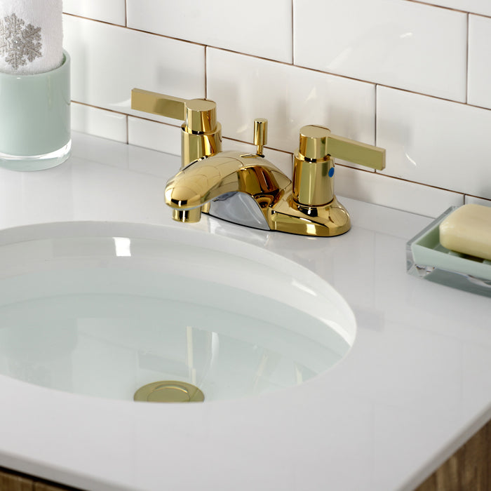 Kingston Tulare KB8622NDL - NuvoFusion Double-Handle 3-Hole Deck Mount 4-Inch Centerset Bathroom Faucet with Pop-Up Drain, Polished Brass