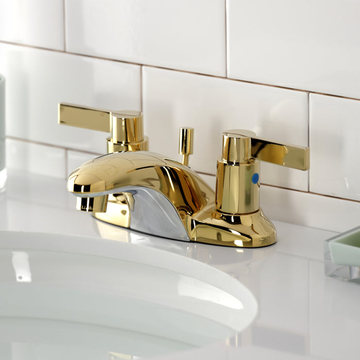 Kingston Tulare KB8622NDL - NuvoFusion Double-Handle 3-Hole Deck Mount 4-Inch Centerset Bathroom Faucet with Pop-Up Drain, Polished Brass