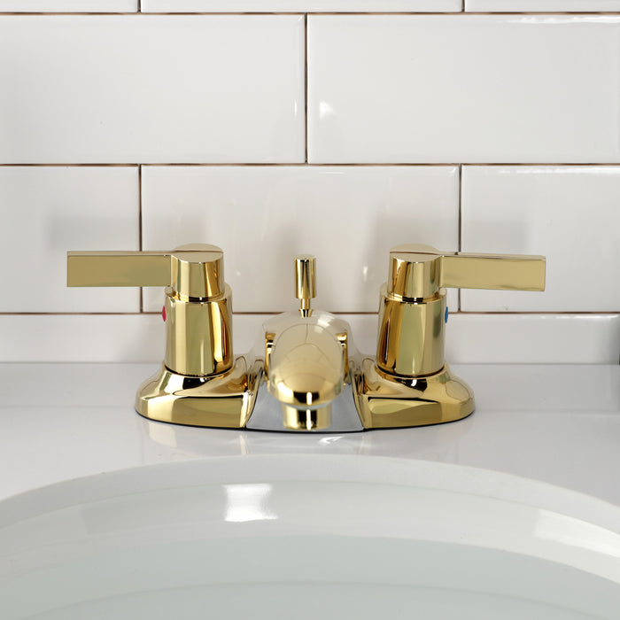 Kingston Tulare KB8622NDL - NuvoFusion Double-Handle 3-Hole Deck Mount 4-Inch Centerset Bathroom Faucet with Pop-Up Drain, Polished Brass