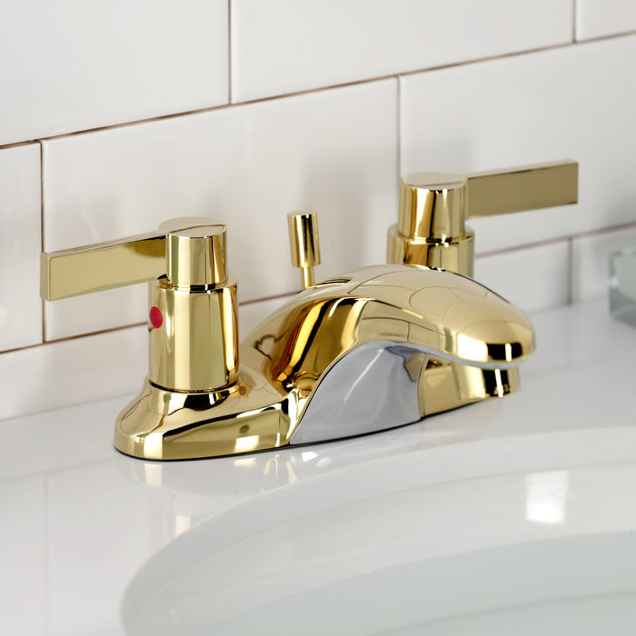 Kingston Tulare KB8622NDL - NuvoFusion Double-Handle 3-Hole Deck Mount 4-Inch Centerset Bathroom Faucet with Pop-Up Drain, Polished Brass
