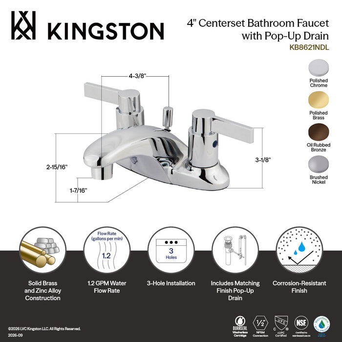 Kingston Tulare KB8628NDL - NuvoFusion Double-Handle 3-Hole Deck Mount 4-Inch Centerset Bathroom Faucet with Pop-Up Drain, Brushed Nickel