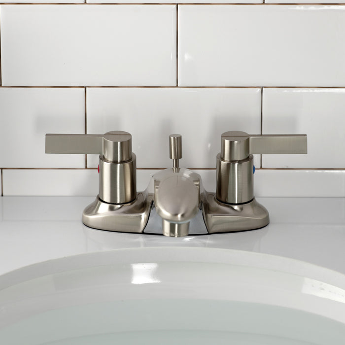 Kingston Tulare KB8628NDL - NuvoFusion Double-Handle 3-Hole Deck Mount 4-Inch Centerset Bathroom Faucet with Pop-Up Drain, Brushed Nickel