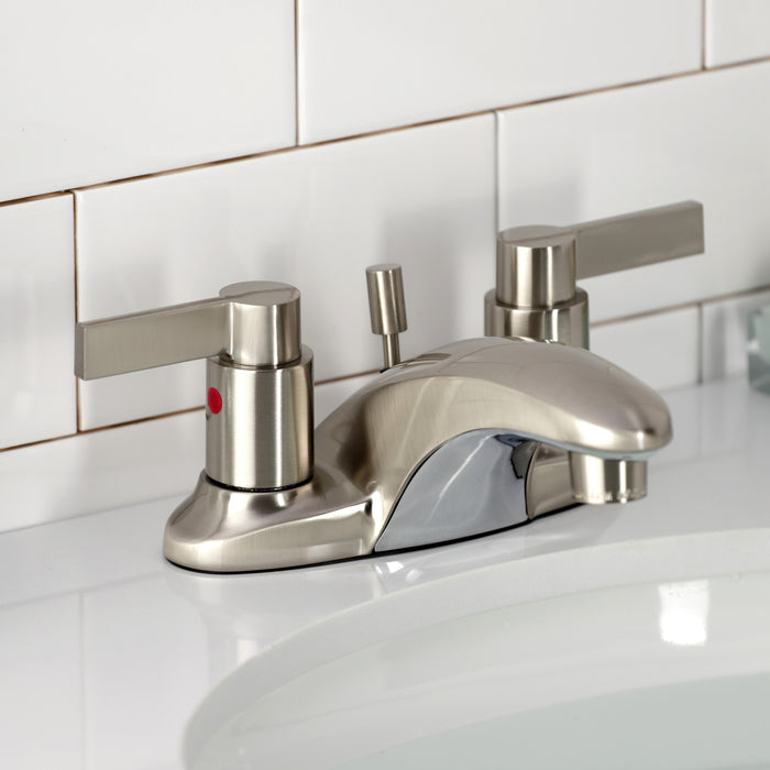 Kingston Tulare KB8628NDL - NuvoFusion Double-Handle 3-Hole Deck Mount 4-Inch Centerset Bathroom Faucet with Pop-Up Drain, Brushed Nickel