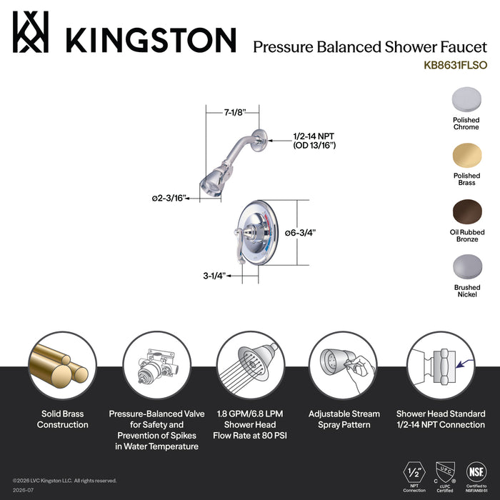 Kingston Tulare KB8638FLSO - Royale Single-Handle Pressure Balanced Shower Faucet, Brushed Nickel