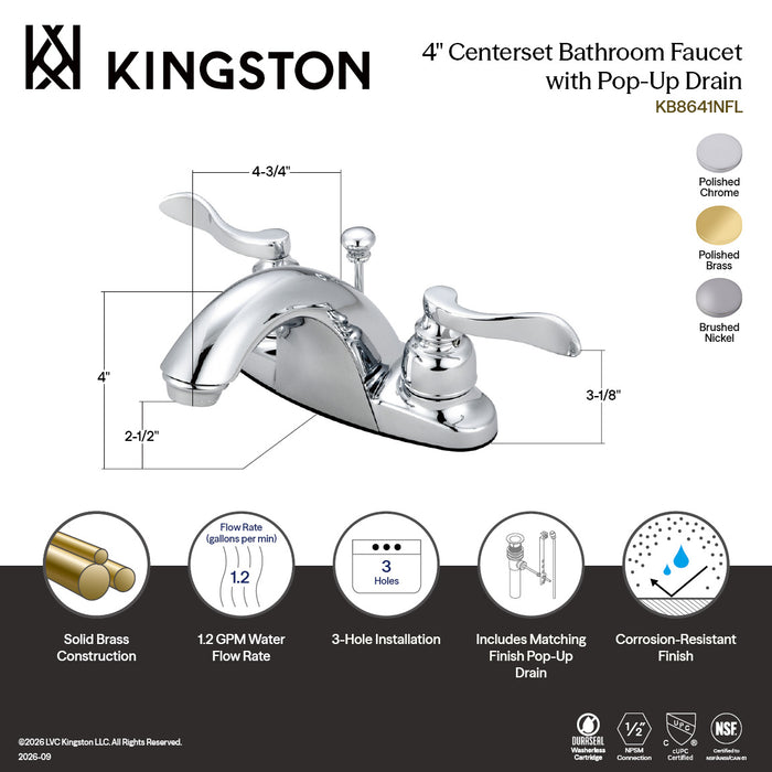 Kingston Tulare KB8648NFL - NuWave French Double-Handle 3-Hole Deck Mount 4-Inch Centerset Bathroom Faucet with Pop-Up Drain, Brushed Nickel