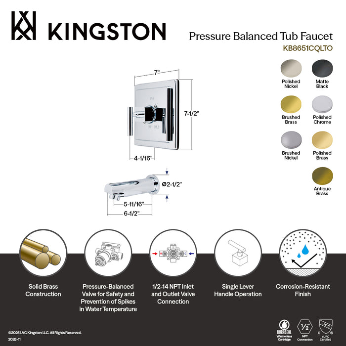 Kingston Sona KB8656CQLTO - Claremont Single-Handle Pressure Balanced Tub Faucet, Polished Nickel