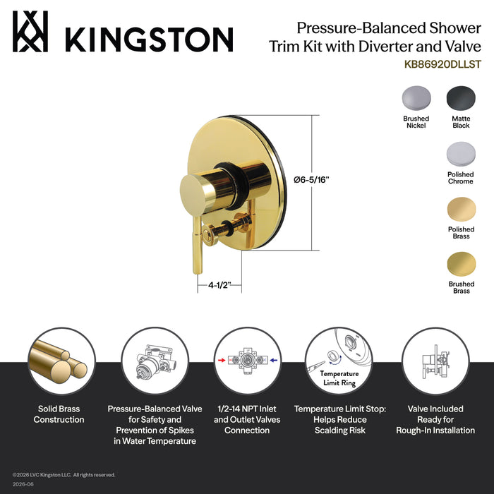 Kingston Concord KB86910DLLST Single-Handle Pressure Balanced Shower Valve and Trim Set with Diverter, Polished Chrome (Valve Included)